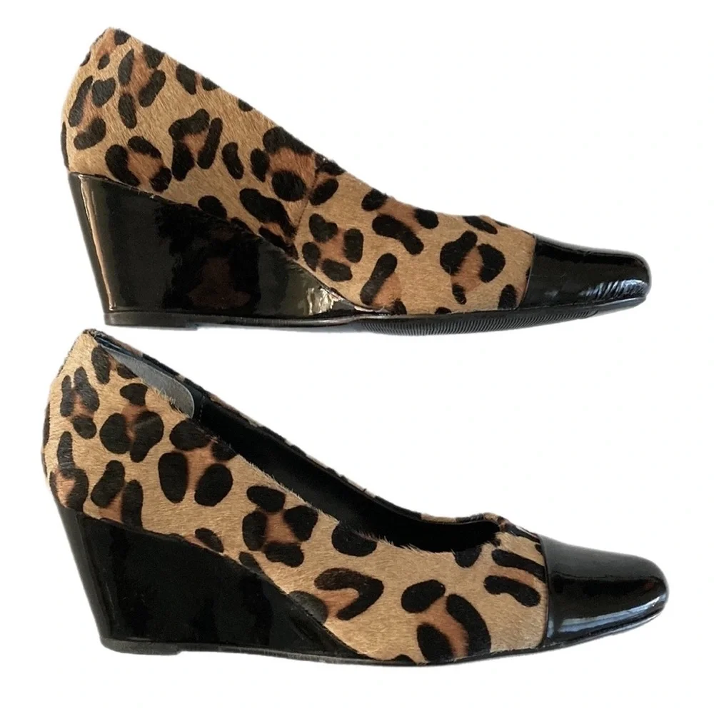 EASY STEPS leopard print cow hide wedge Heels slip-on pumps - Picture 8 of 12